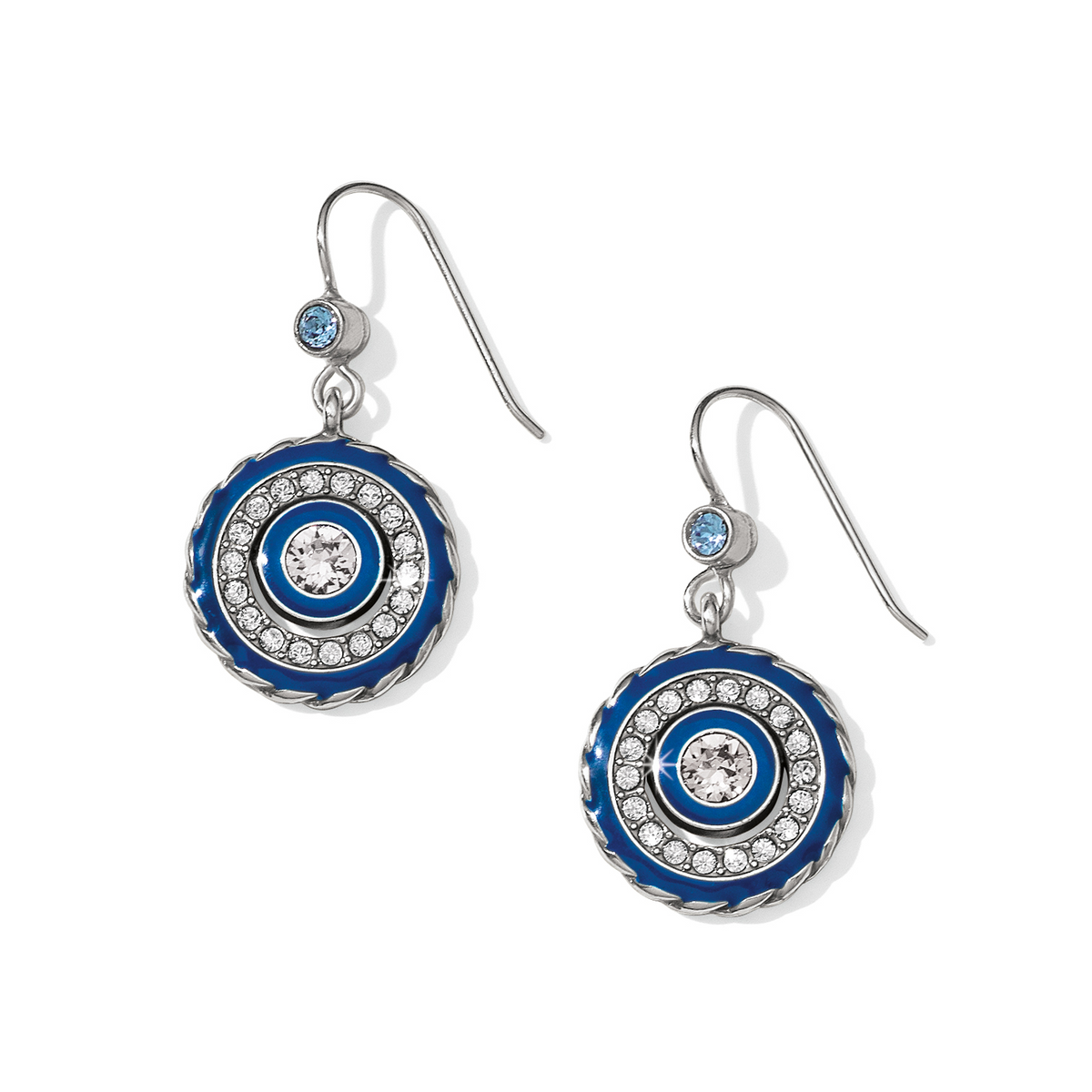Halo Eclipse French Wire Earrings in silver-plated metal with blue enamel and crystal accents.