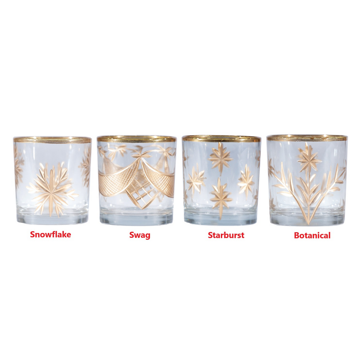 Four hand-painted etched glass votive holders in Snowflake, Swag, Starburst, and Botanical designs.
