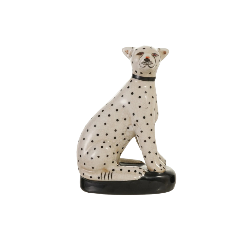 Hand-painted vintage reproduction cheetah figurine in white stoneware with black spots.