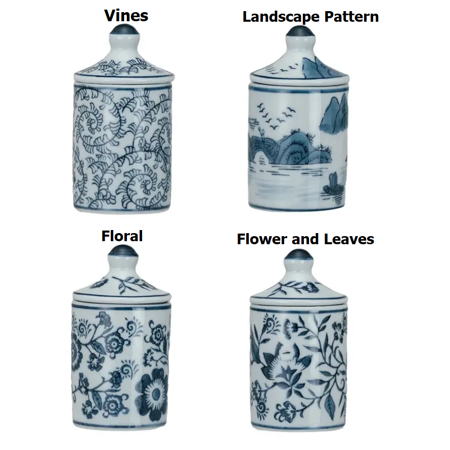 Hand-painted stoneware spice jar with crackle glaze finish featuring a decorative pattern