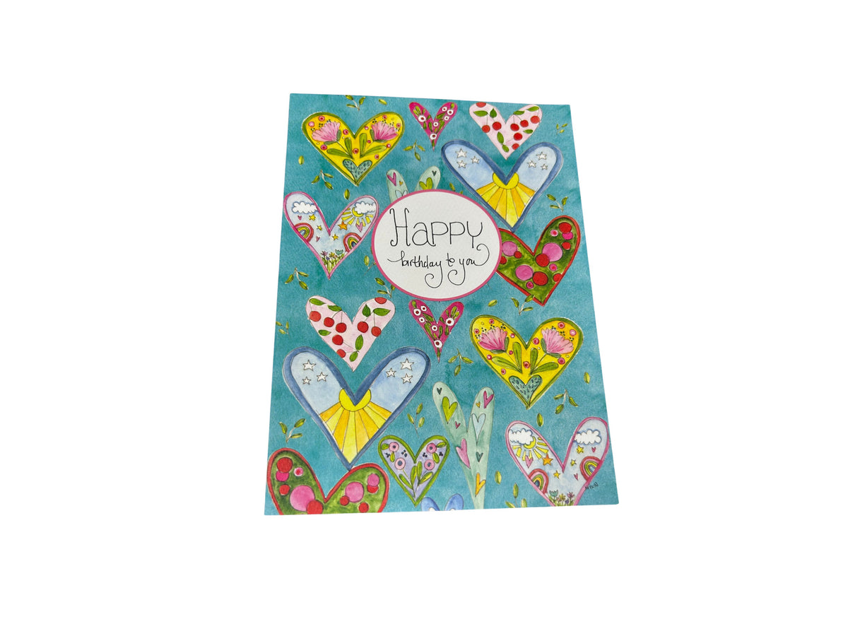 Birthday Hearts Card featuring colorful watercolor hearts with floral and sun patterns on teal.