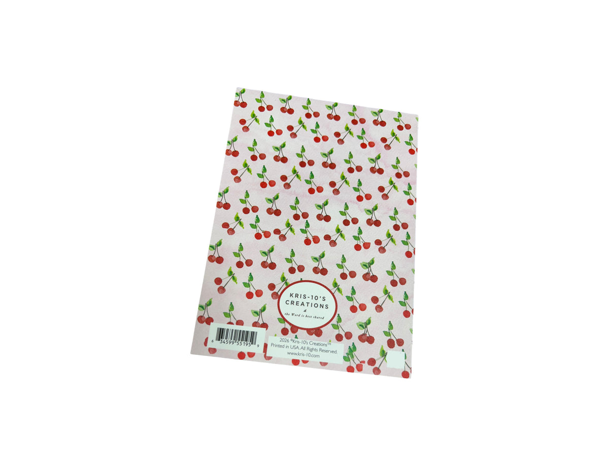 Back of a Birthday Hearts Card featuring a red cherry pattern on a light pink background.