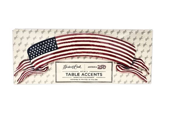 Pack of 12 American Flag Banner Table Accents by Hester & Cook in a decorative box.