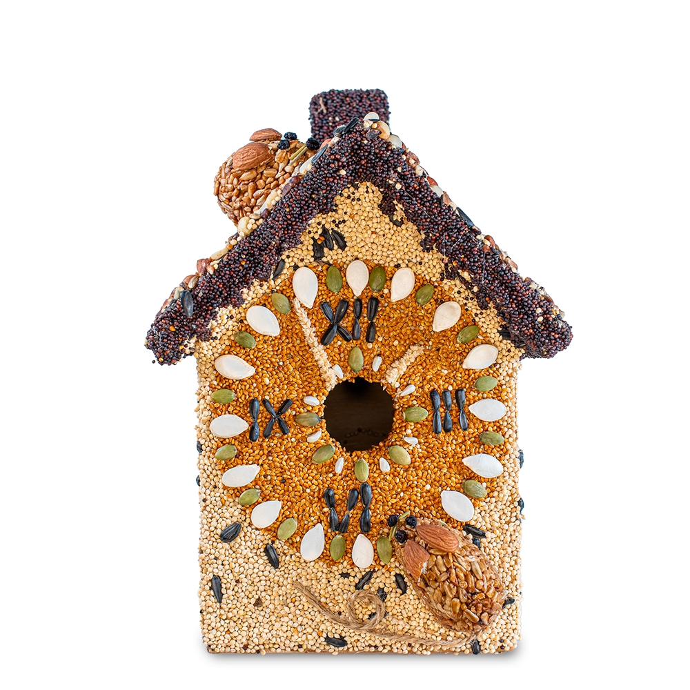 Birdhouse shaped like a clock, decorated with seeds and nuts, featuring two small seed-made mice.