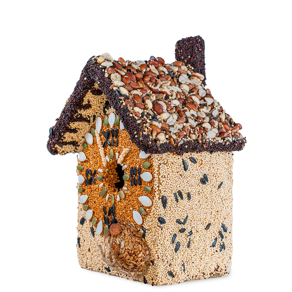 Hickory Dickory Clock House birdhouse decorated with seeds, nuts, and a small seed-covered mouse.