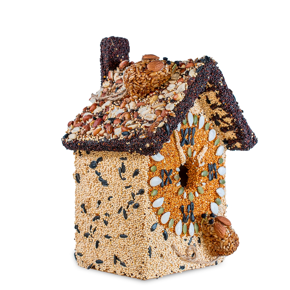 Hickory Dickory Clock House birdhouse decorated with seeds and two small seed-covered mice.