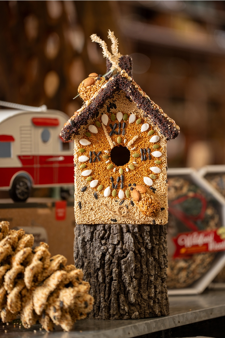 Hickory Dickory Clock House birdhouse decorated with seeds and nuts, featuring a clock face design.