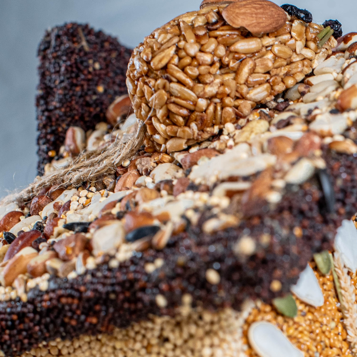 Close-up of a birdhouse decorated with sunflower seeds, pumpkin seeds, and grains.