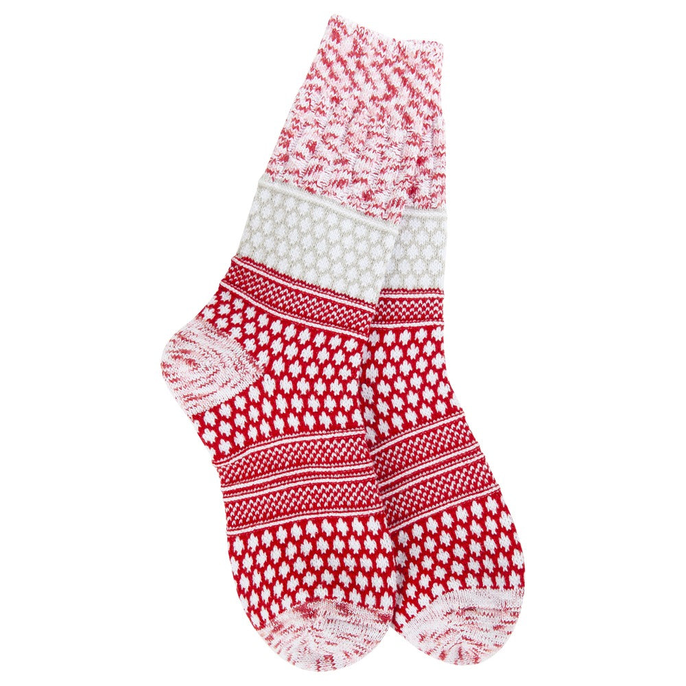 Peppermint multi-colored textured crew socks with festive red and white knit patterns.