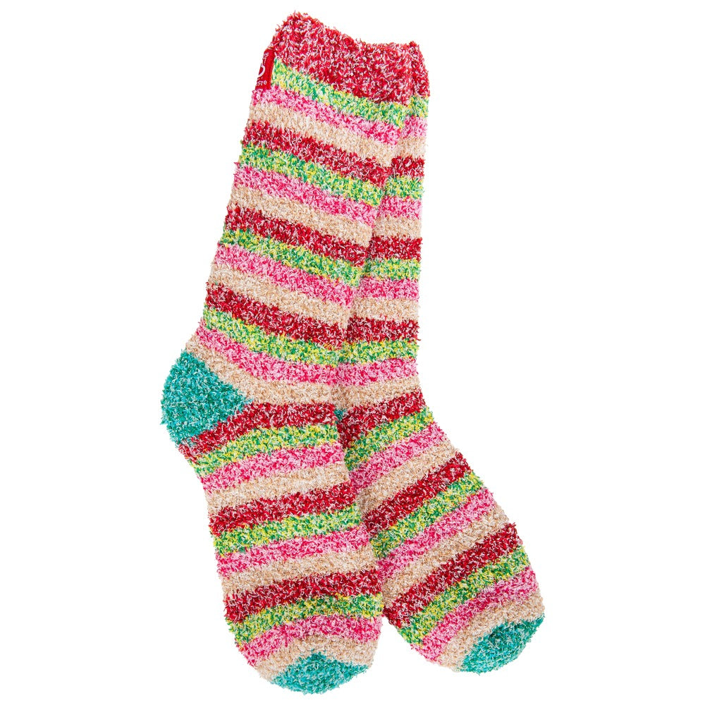 Pair of fuzzy, multi-colored striped crew socks with red, pink, green, and beige horizontal bands.