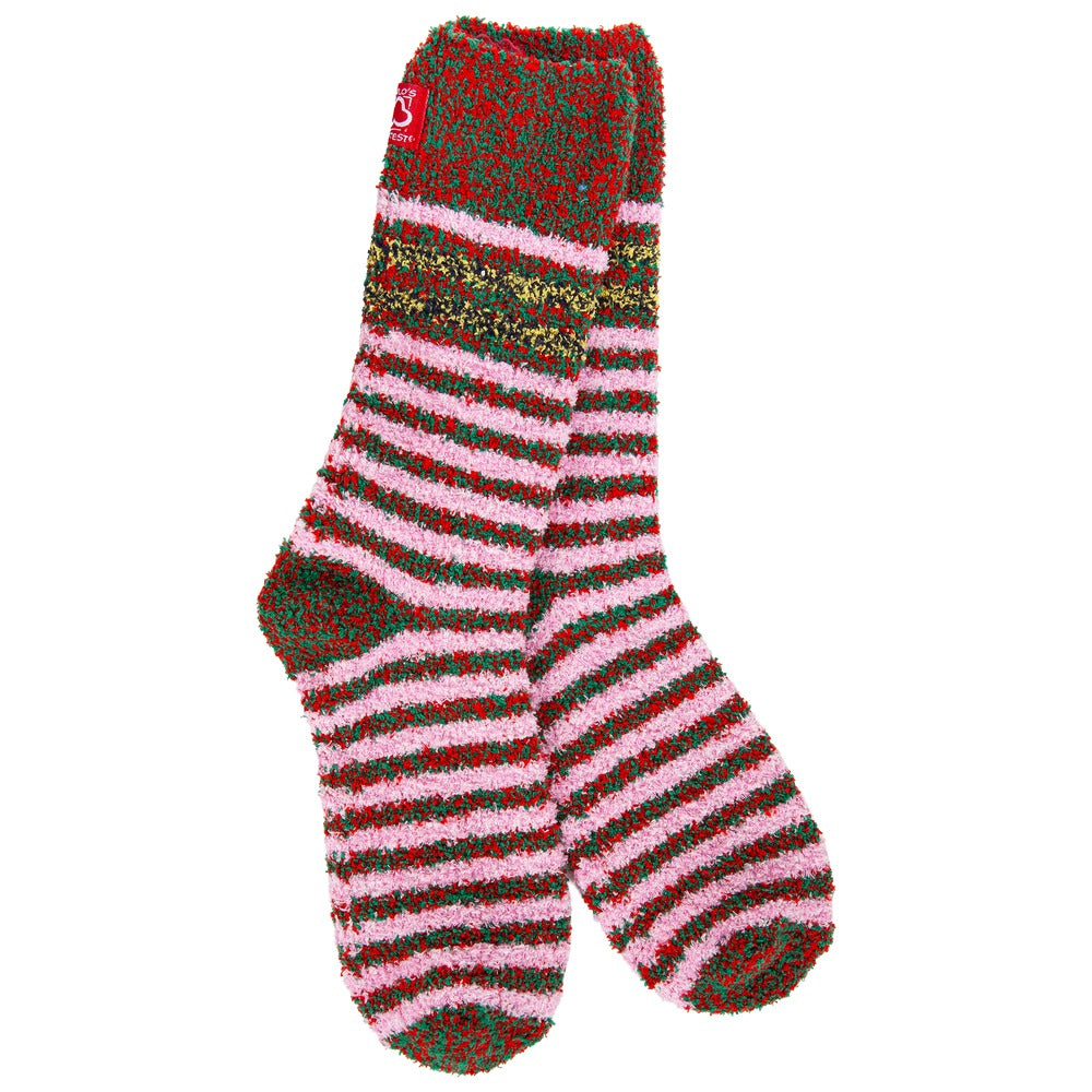 Pair of fuzzy holiday crew socks with pink and green horizontal stripes and a red cuff.