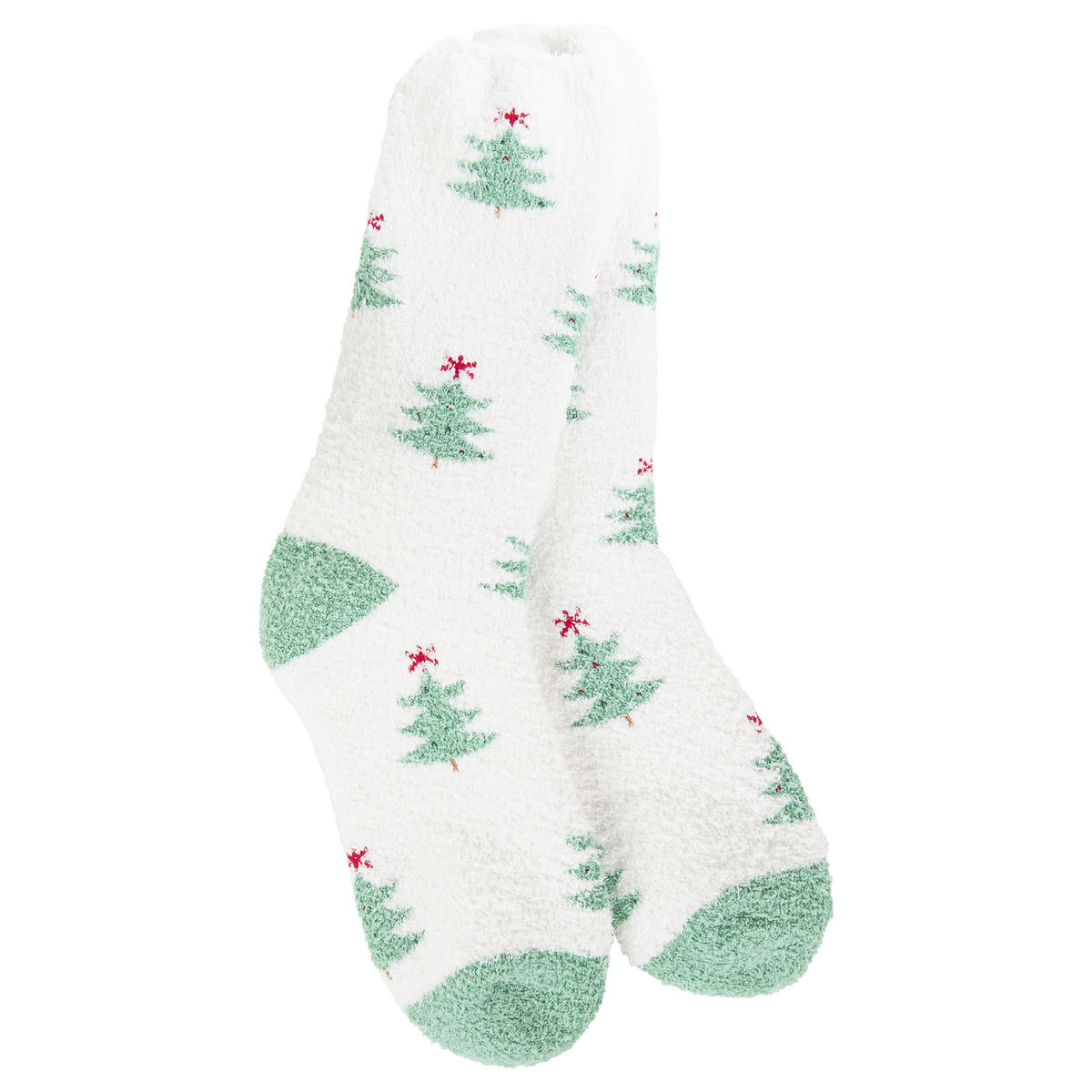 White fuzzy crew socks with green Christmas trees and red star pattern, green cuffs.