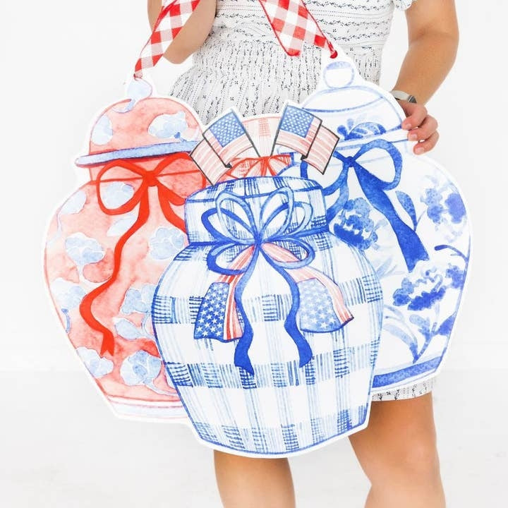 Abigail Patriotic Ginger Jars Grouping Door Hanger featuring red, white, and blue watercolor designs.