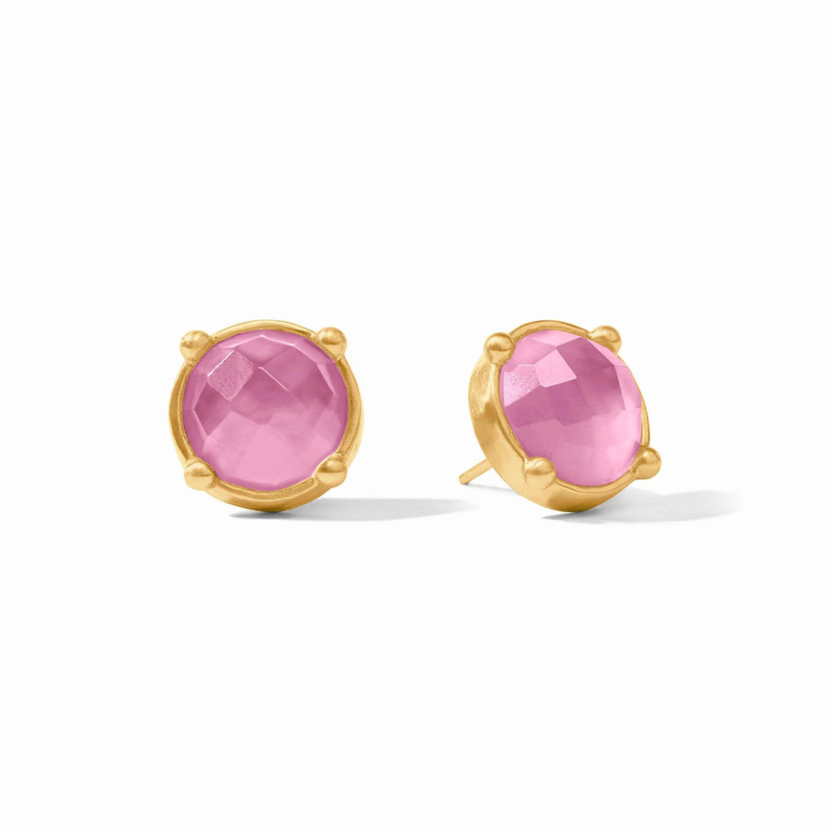 Honey Stud Gold earrings featuring round pink faceted glass stones in 24K gold-plated settings.