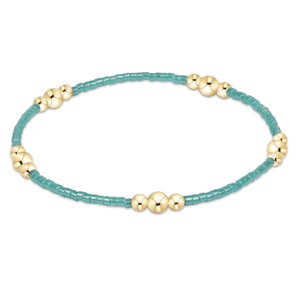 Hand-beaded gold-filled bracelet with seed beads in a Hope Purpose pattern on elastic.