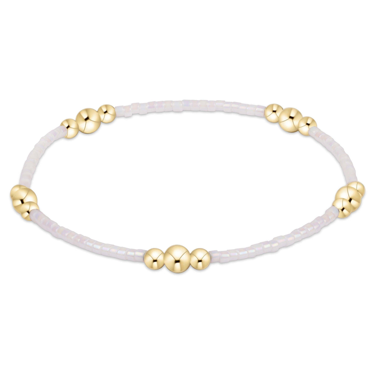 Gold-filled seed bead bracelet with a delicate silk white thread pattern on high-performance elastic.