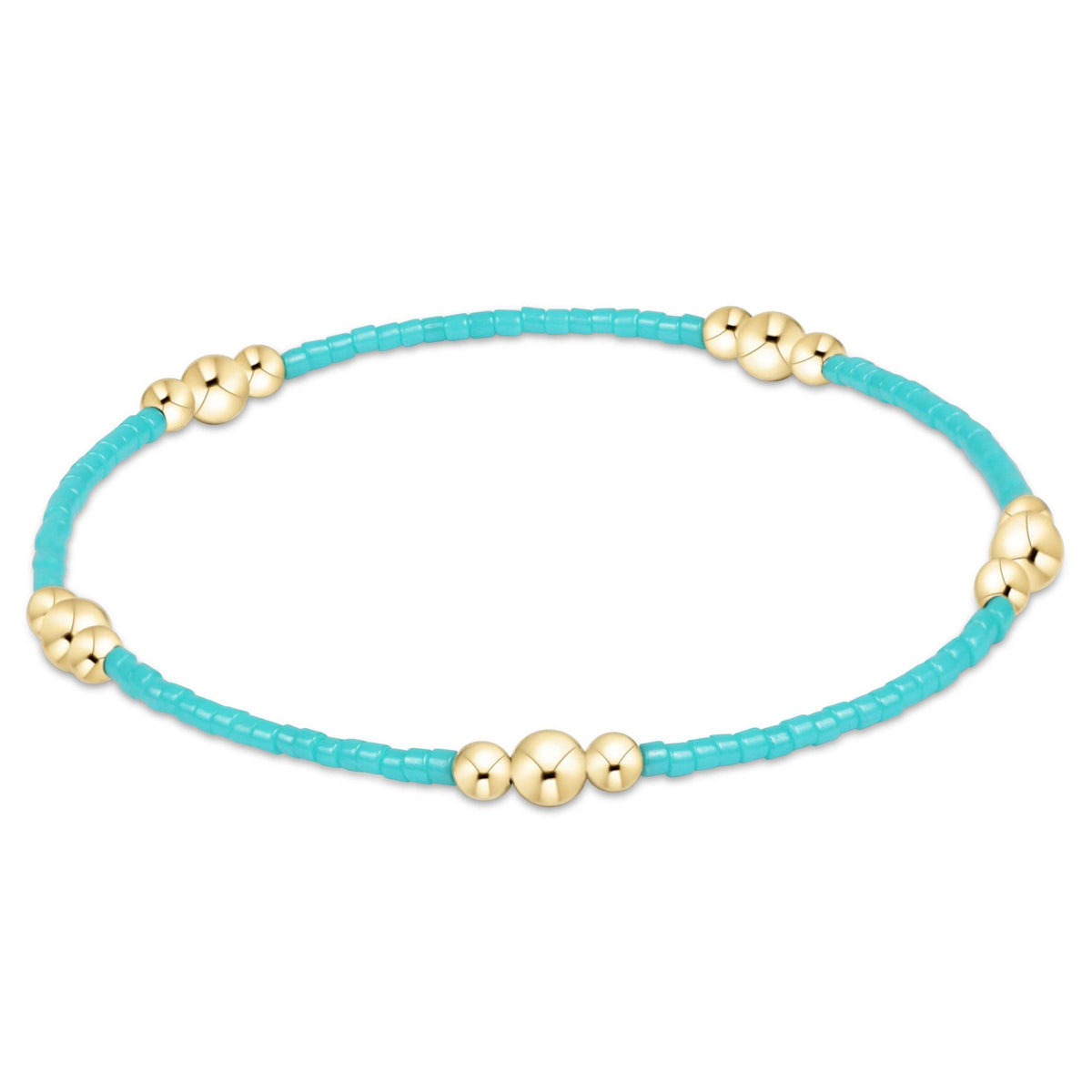 Hand-beaded turquoise seed bead bracelet with gold-filled accents on elastic cord