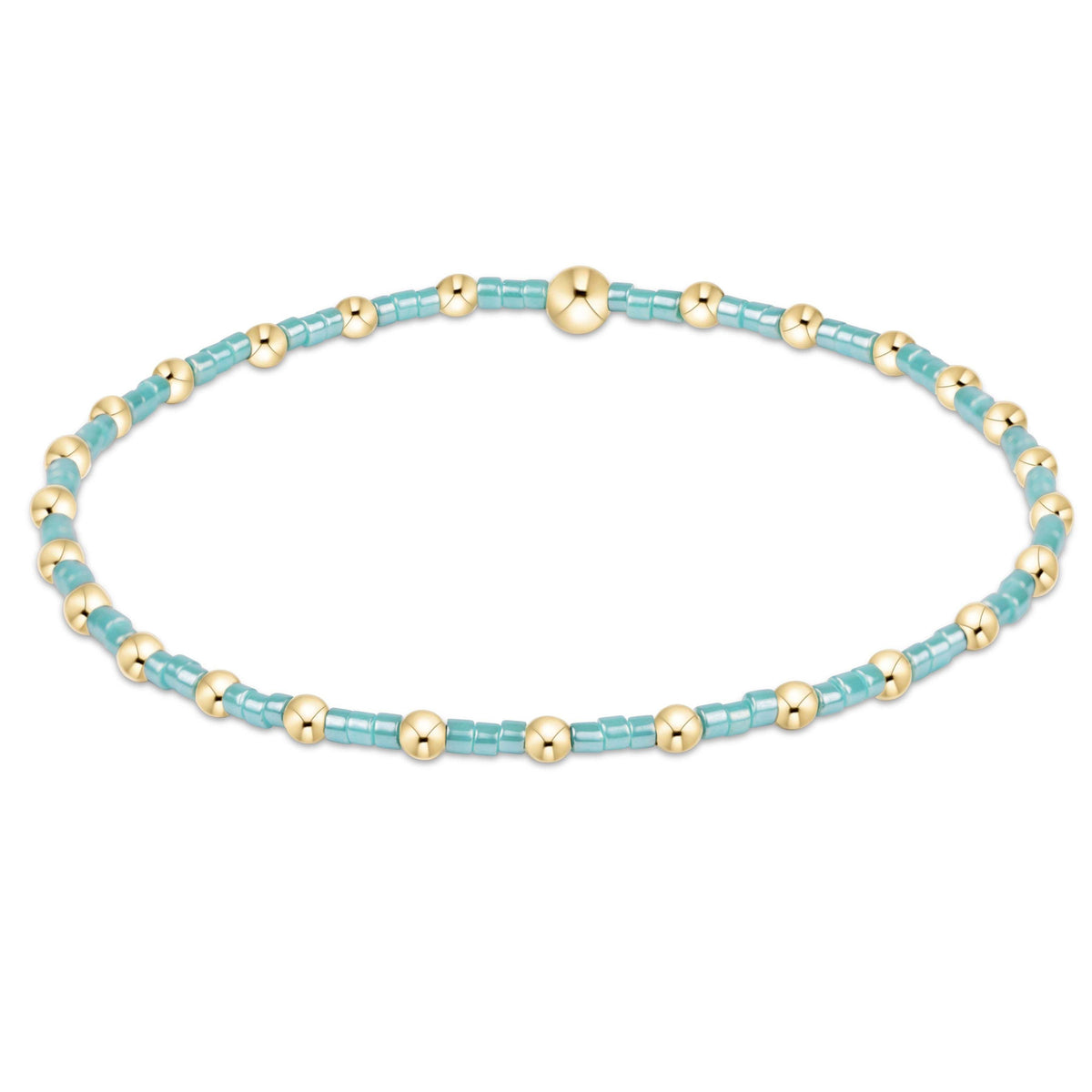 Hand-beaded Hope Sincerity bracelet in gold with seed beads on stretch elastic.