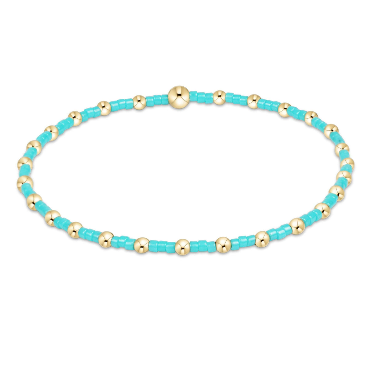 Hand-beaded turquoise Hope Sincerity bracelet with gold-filled accents on elastic cord