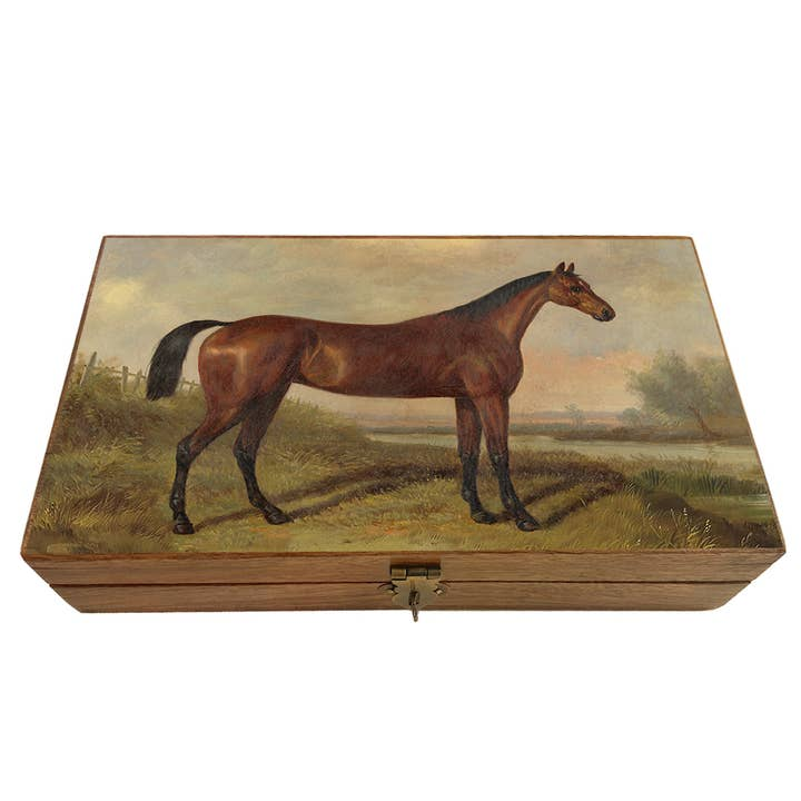 Vintage wood trinket box featuring a painted scene of a brown horse in a landscape.