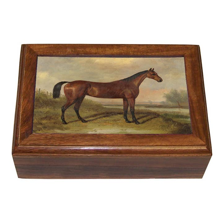 Vintage wood trinket box featuring a painted scene of a brown horse in a landscape on the lid.