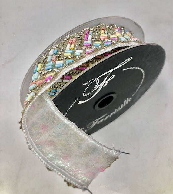 1 inch wide Diamond Sprinkles Multi Ribbon with colorful bugle beads and rhinestones on a spool.