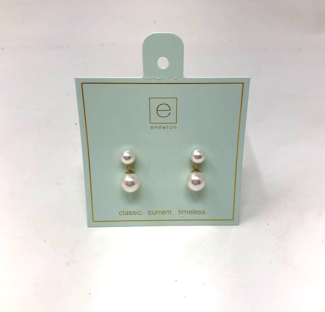 Classic Pearl 8mm Ball Drop Stud earrings on a light blue enewton display card.