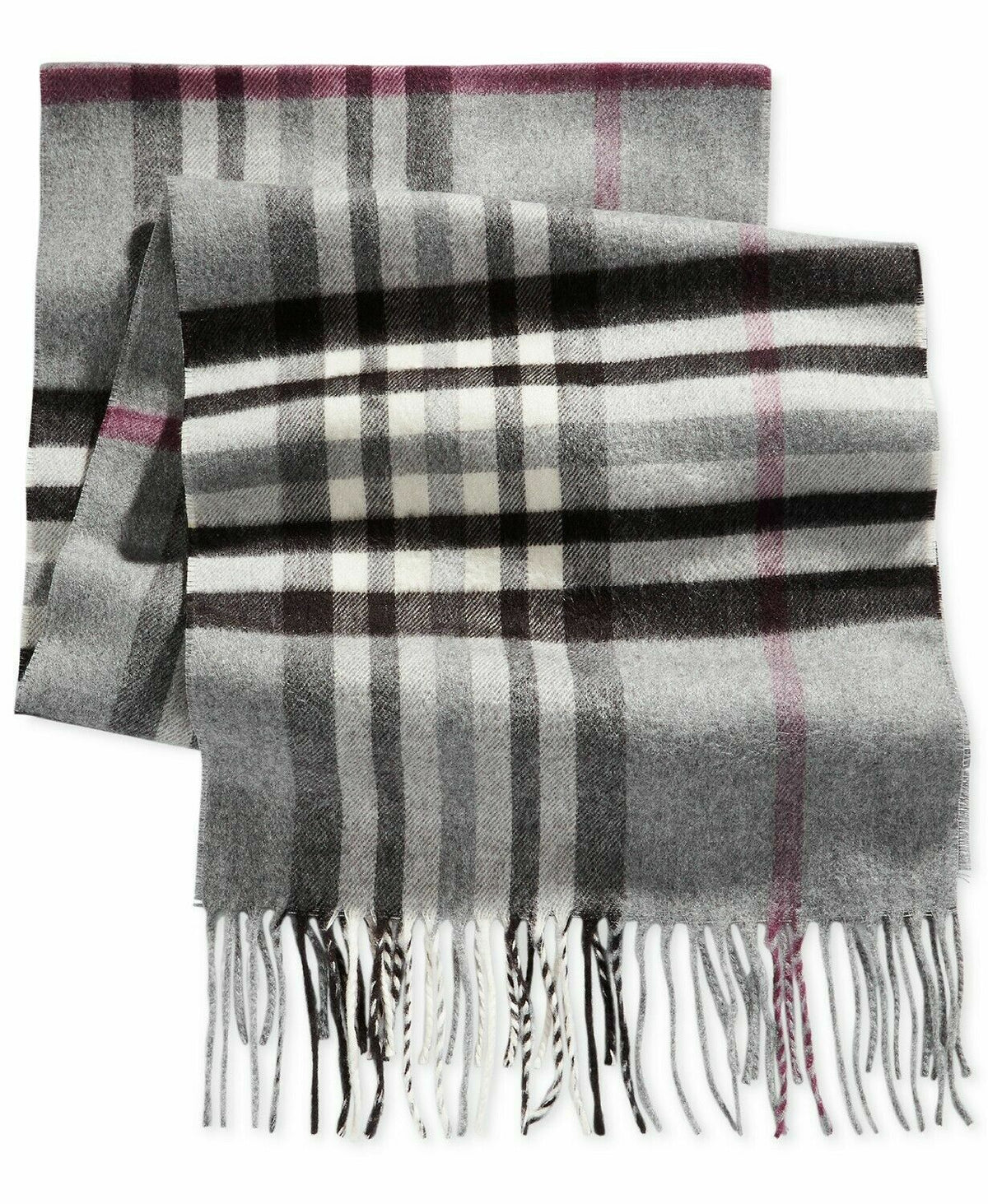 Grey, black, and white plaid scarf with pink accents and fringed edges.