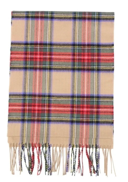 Beige plaid knitting pattern scarf with red, blue, and yellow stripes and fringed edges.