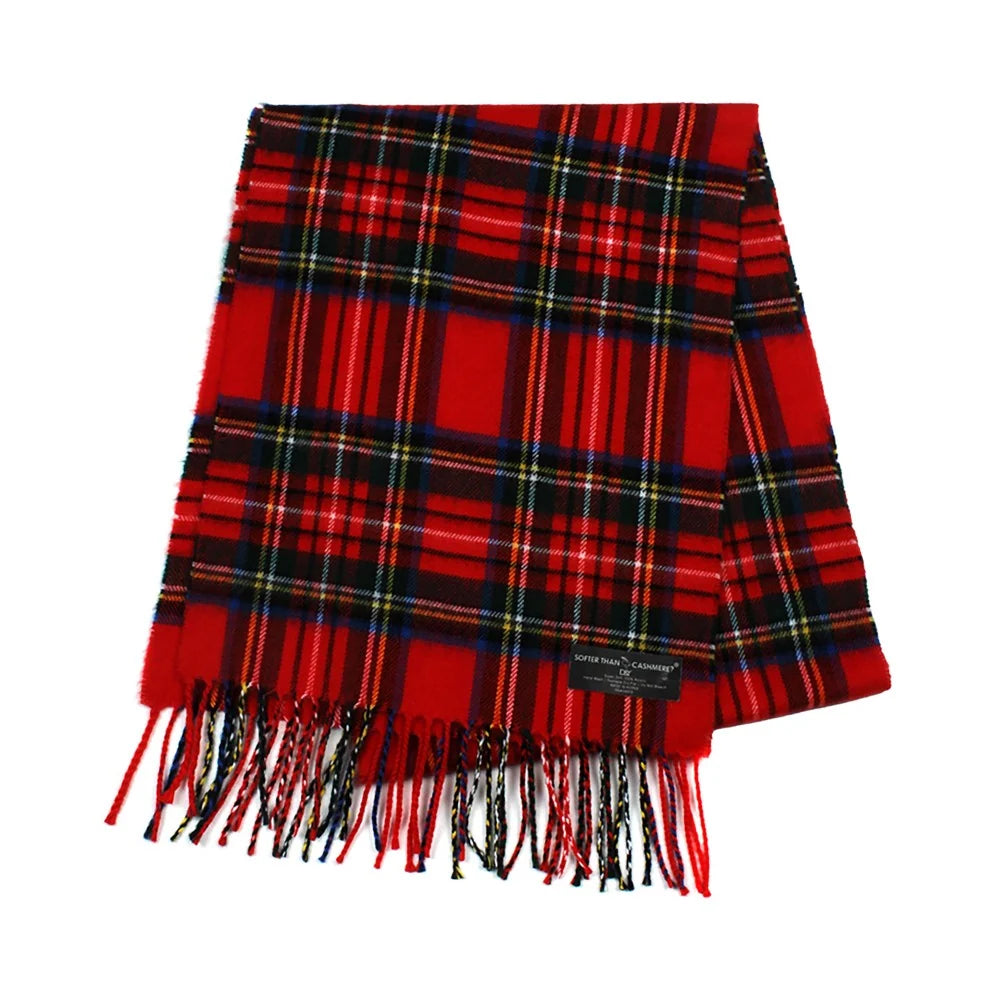 Red plaid knitted scarf with a classic tartan pattern and fringed edges.