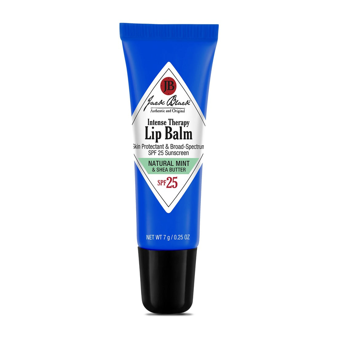 Jack Black Intense Therapy Lip Balm SPF 25 in Natural Mint & Shea Butter, 0.25 oz blue tube.