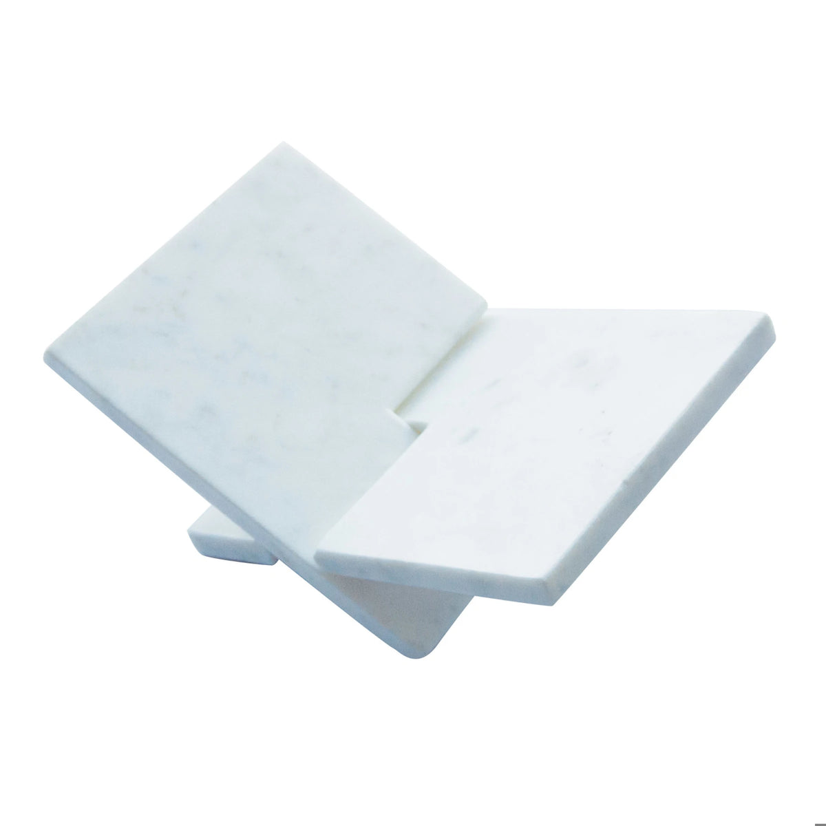 Interlocking white marble book holder with a minimalist X-shaped design.