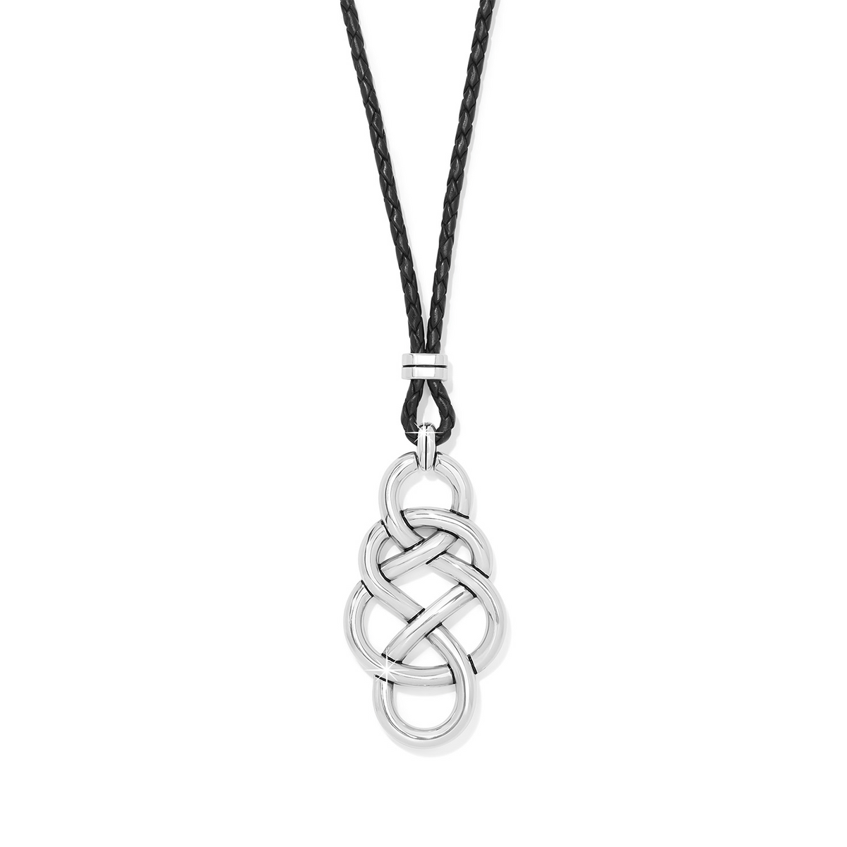 Interlok Braid Bold Leather Necklace with a silver-plated Celtic knot pendant on a black cord.