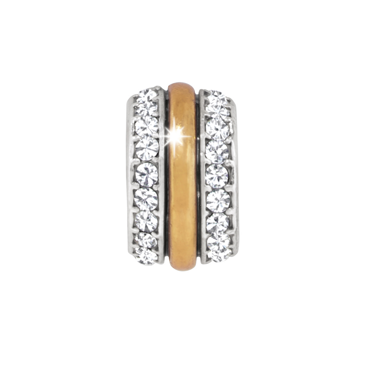 Two-tone silver and gold spacer bead featuring two rows of fine quality crystals.