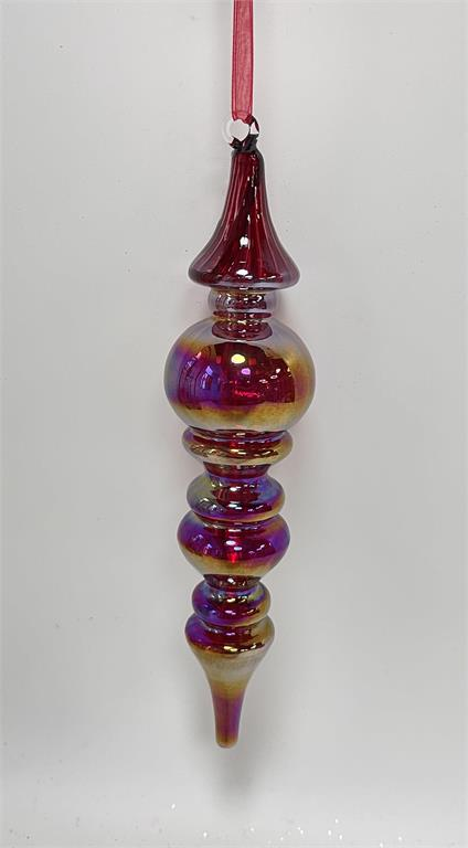 Burgundy iridescent glass finial ornament with a classic elongated shape and red ribbon hanger.