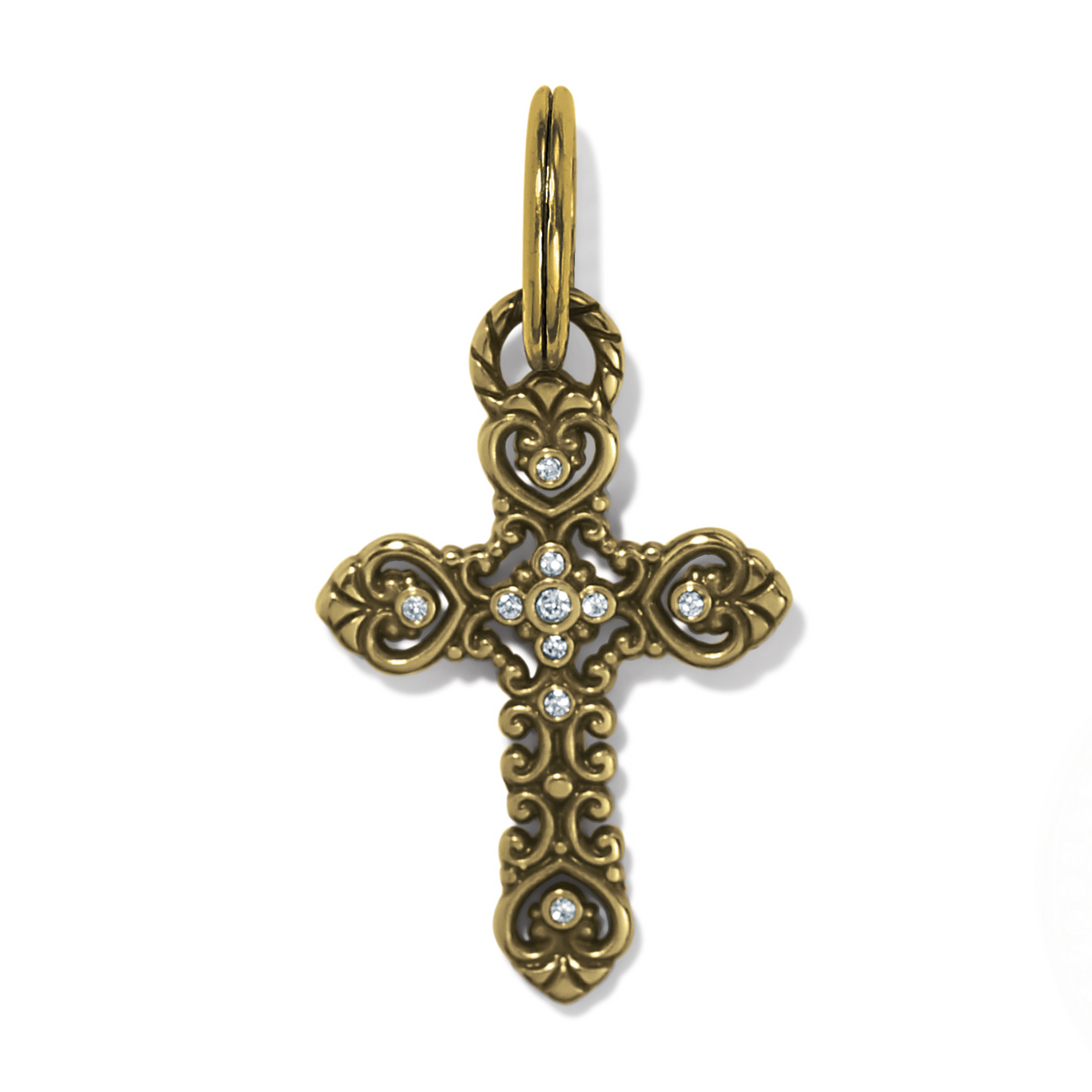 Gold-plated Isabella Cross Amulet with intricate swirl patterns and hand-set crystals.
