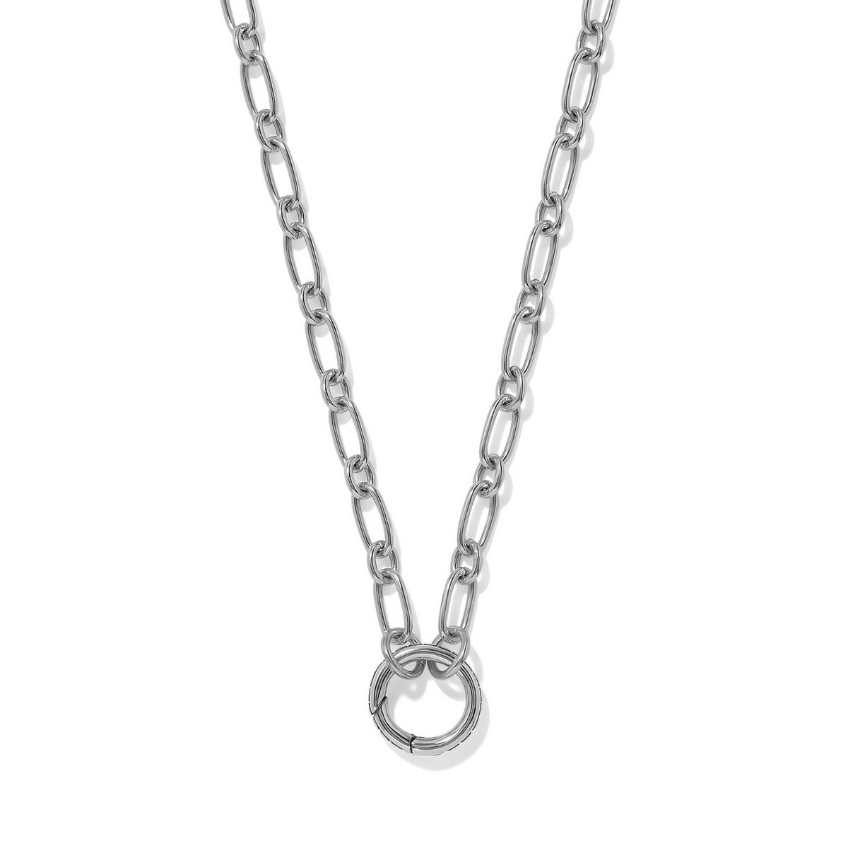 Silver-plated Isadora Dot Link necklace with an open charm ring and adjustable paperclip chain.