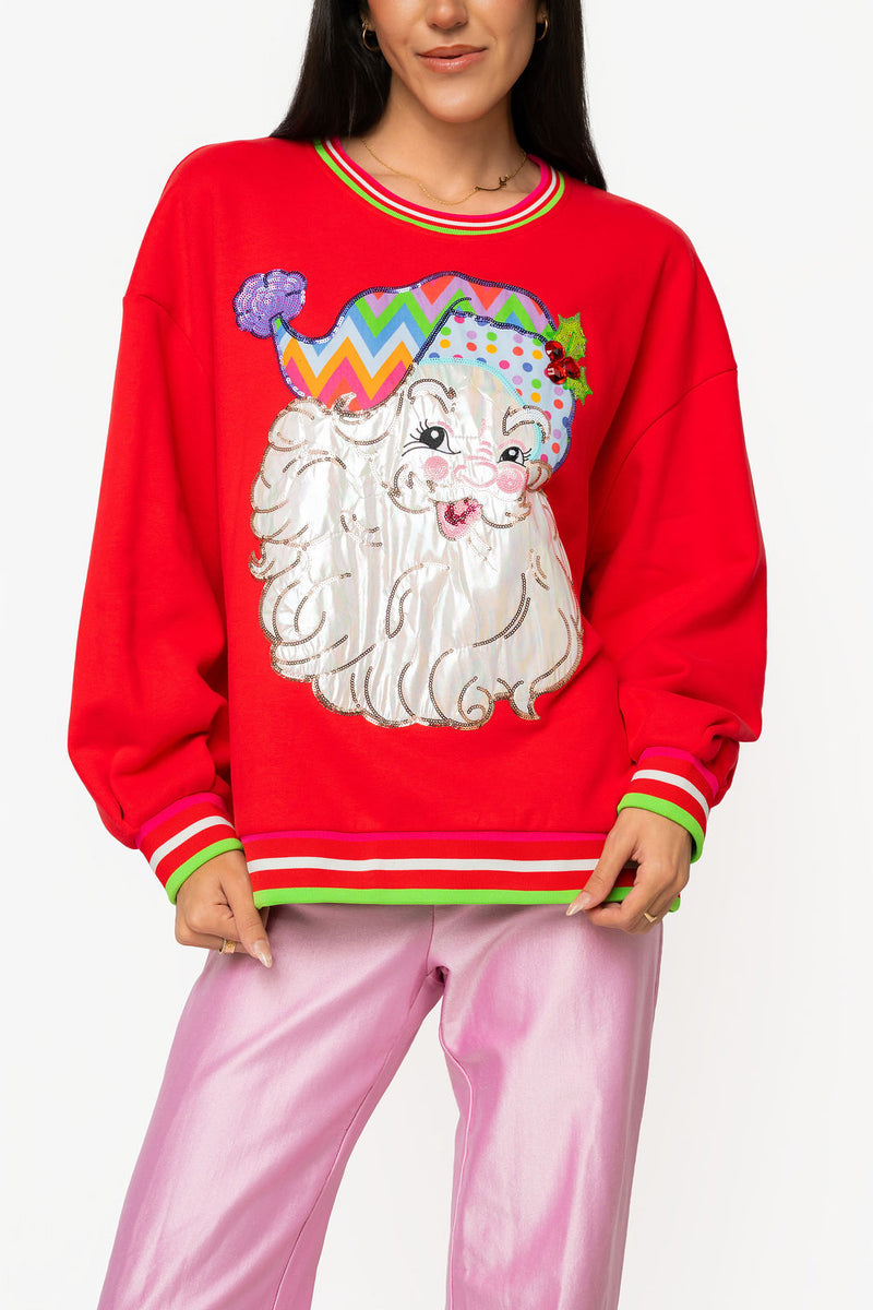 Queen of Sparkles red multi hat metallic Santa sweatshirt