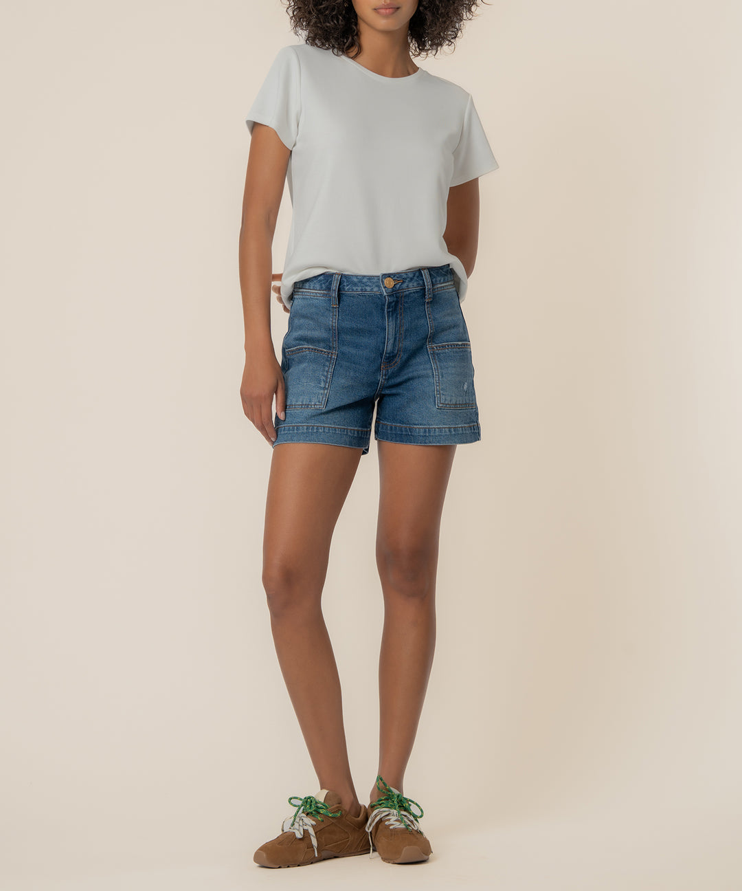 Front view of Jane high-rise shorts in true color with pork chop pockets