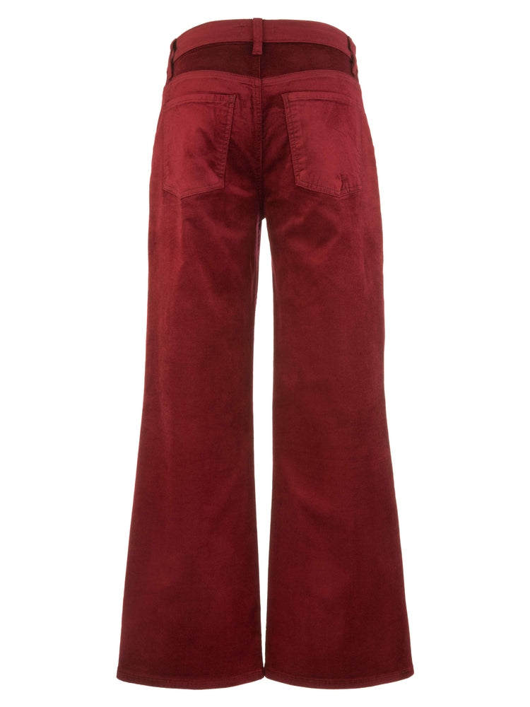 Back view of cranberry red high-rise flare jeans with two back pockets.