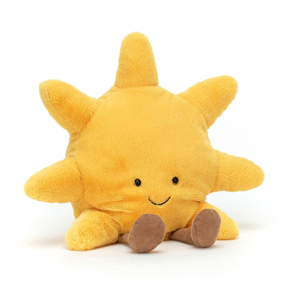 Jellycat Amuseables Sun plush toy in yellow polyester with a round silhouette and bat-wing ears.