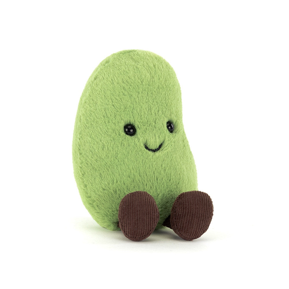 Small green plush edamame bean with a smiling face and brown corduroy feet.