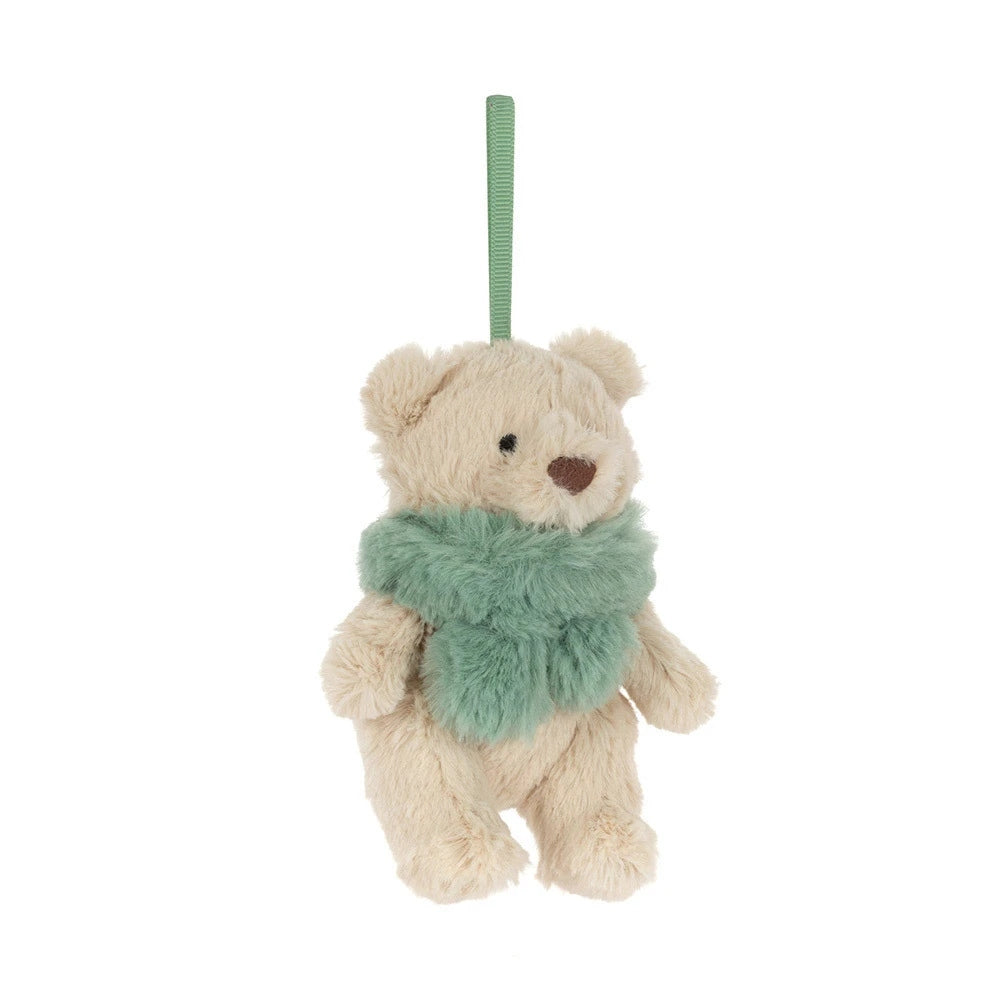 Bartholomew Bear Jr. Winter Warmer Decoration, a small beige teddy bear wearing a green fuzzy scarf.