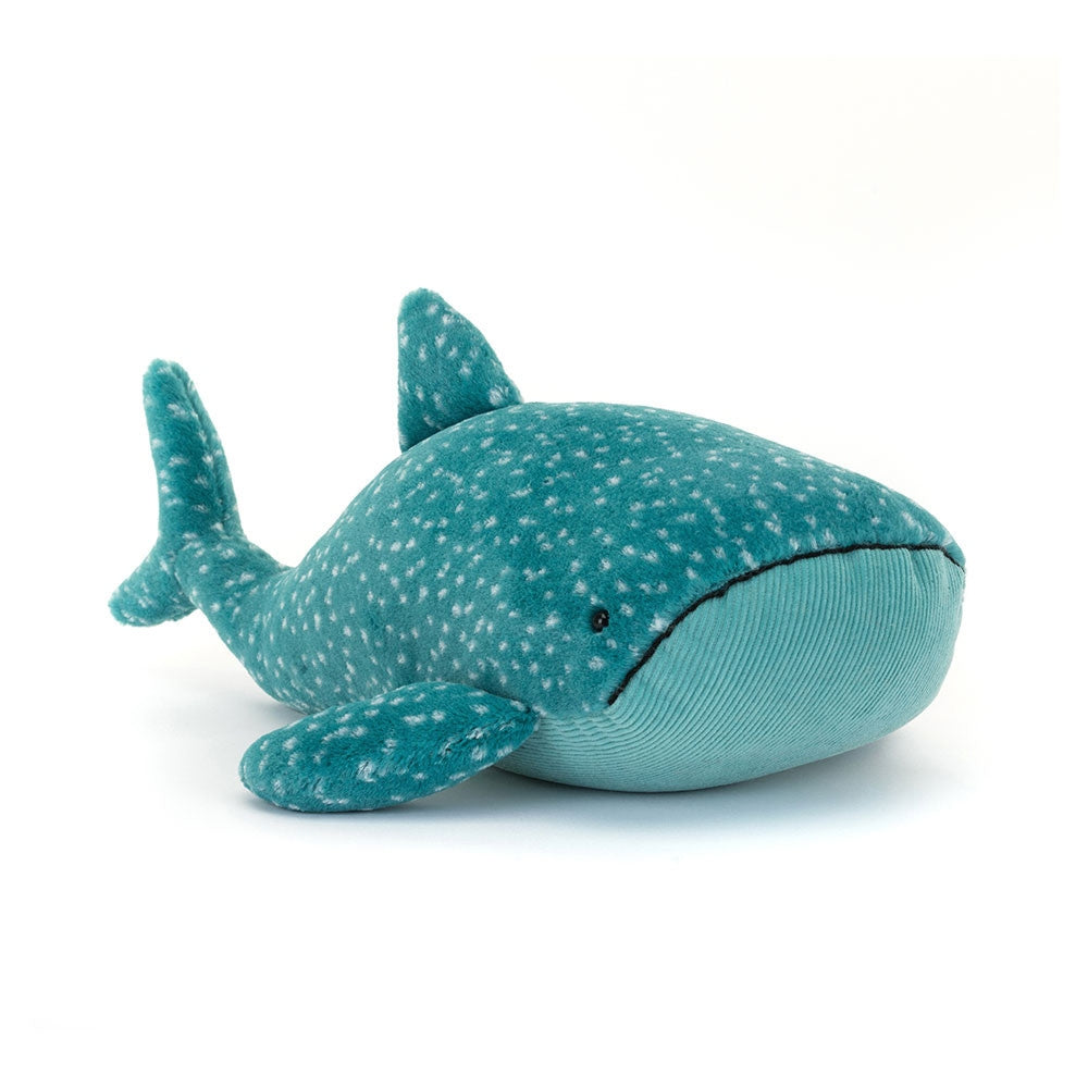 Gobfrey plush whale shark in dark blue polyester with cotton accents, sitting pose.