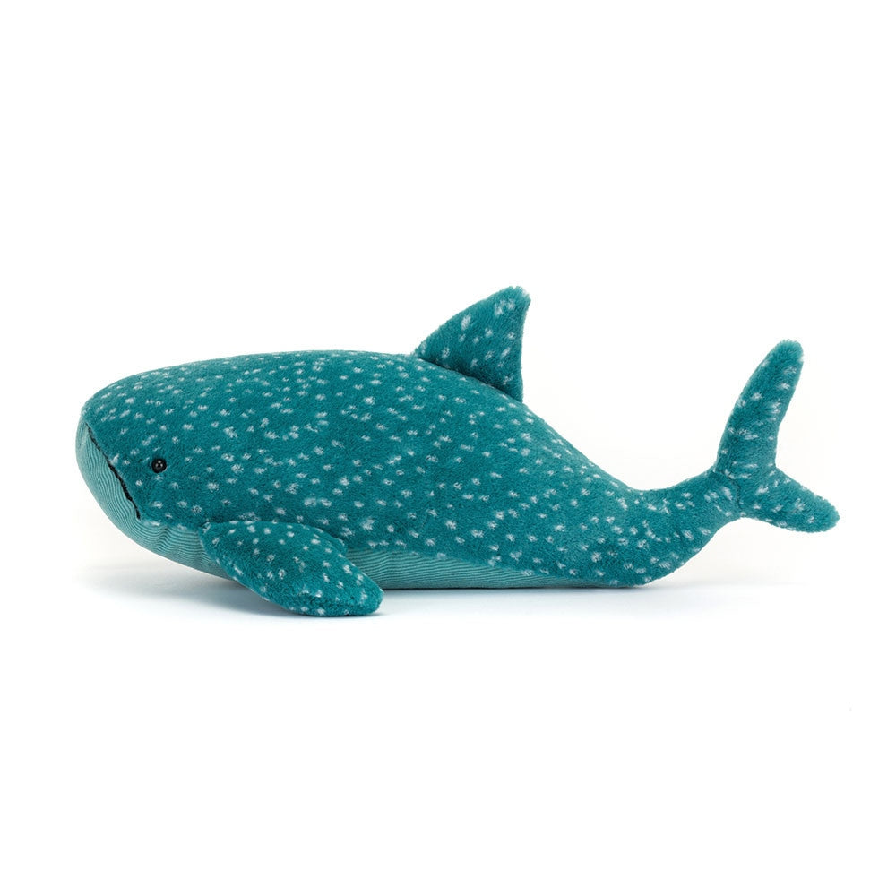 Gobfrey plush whale shark toy in gray polyester with black eyes.