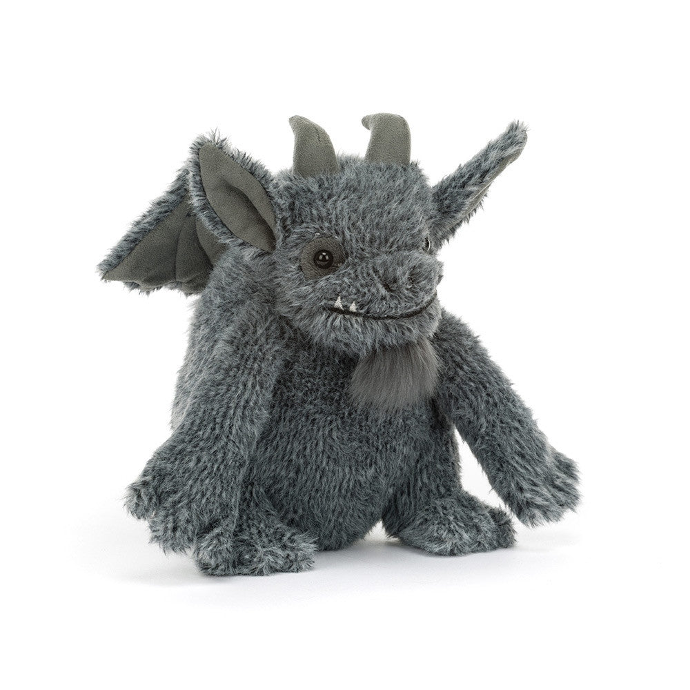 Growlston Gargoyle plush toy with grey fur, horns, wings, and a small goatee.
