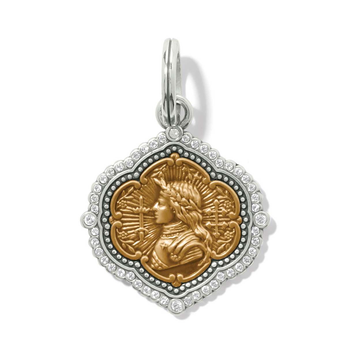 Two-tone Joan of Arc amulet charm with crystal border and gold-tone profile of Joan of Arc.