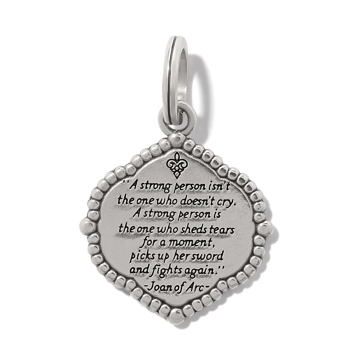 Silver Joan of Arc amulet charm with an inspirational quote and beaded border.