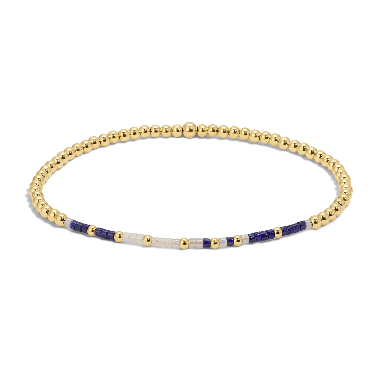 Elastic bracelet with iridescent cream and shimmery navy blue Morse code beads featuring Joshua 1:9 text.