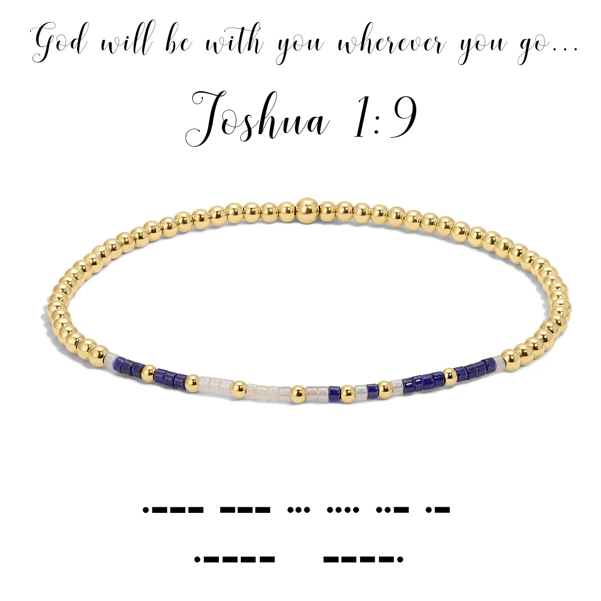 Elastic bracelet with iridescent cream and navy blue Morse code beads featuring Joshua 1:9 text.